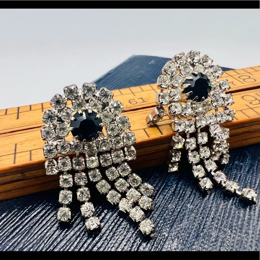 Vintage silver rhinestone fringe pierced earrings black accent dangles unique